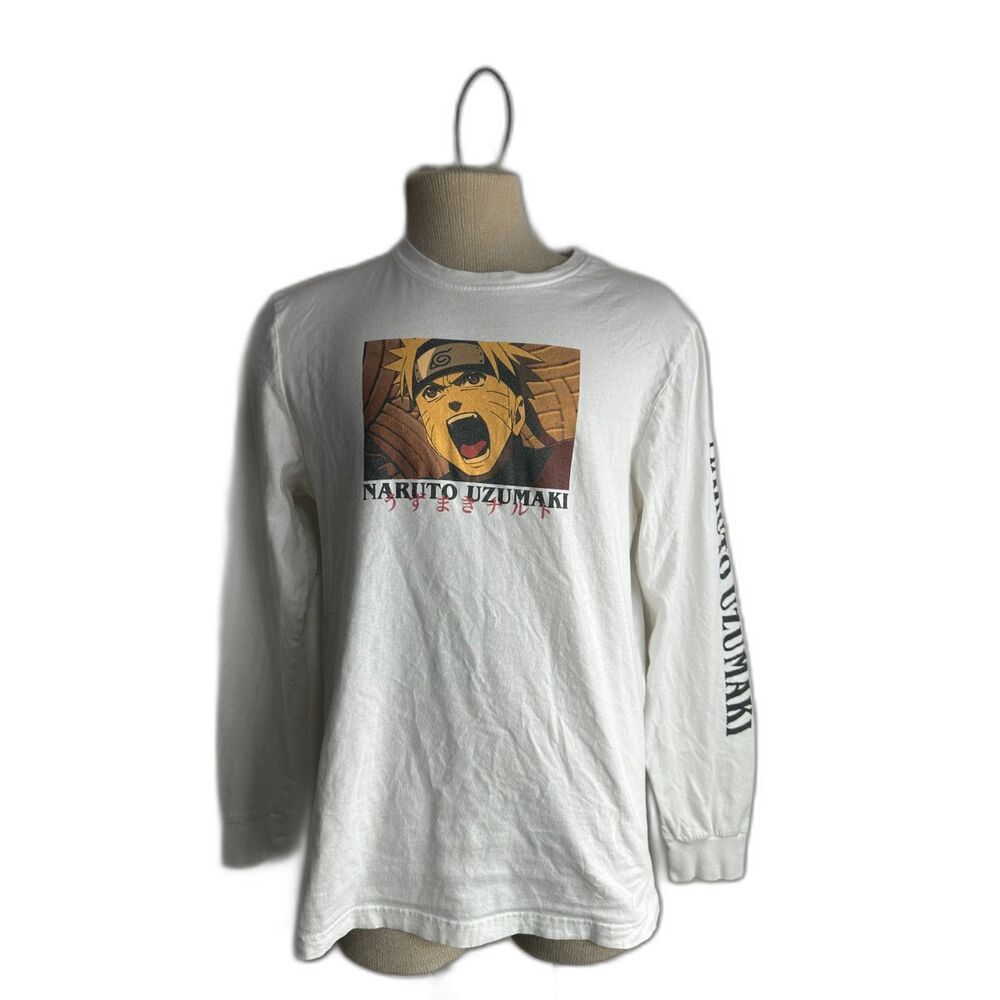 Naruto Uzumaki Long Sleeve White Graphic Print Tee T-Shirt Mens Size L